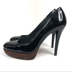Stuart Weitzman Black Patent Woven Platform Heels